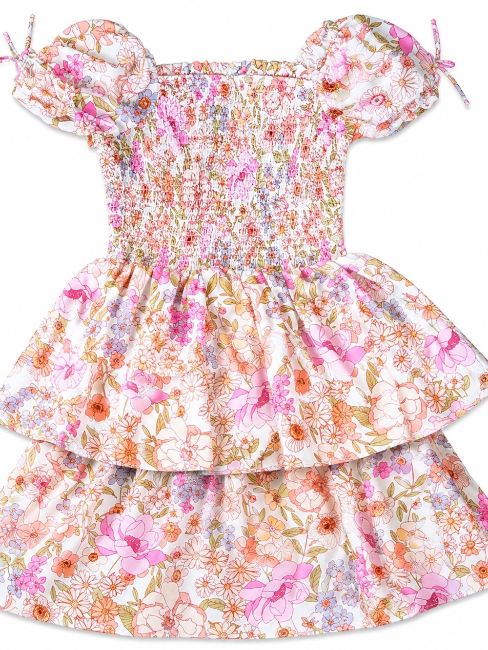 Rare Editions Floral Smocked Dress in Pink, Coral & Green